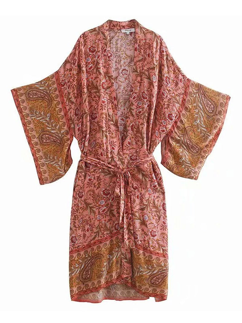 Pink Floral Paisley Border Print Belted Short Kimono Robe