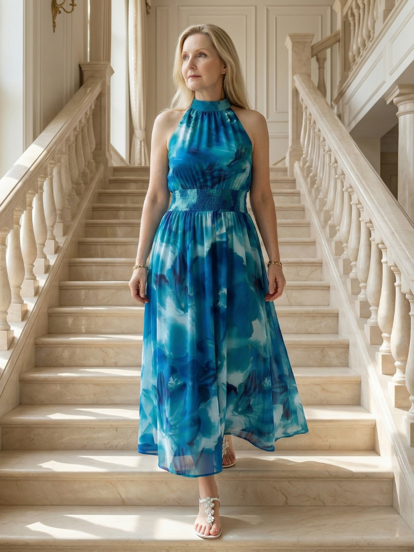 Halter High Neck Sleeveless Tie-Dye Print Shirred Waist Maxi Dress