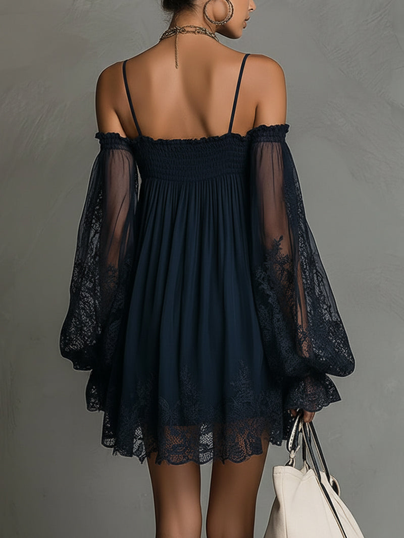 Navy Blue Off-Shoulder Smocked Lace Long Sleeve Flowy Babydoll Mini Dress 2