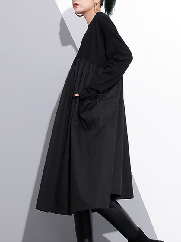 Black Round Neck Long Sleeve Pleated Pocket Smock Midi Dress