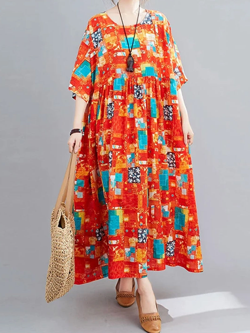 Orange Round Neck Abstract Print Batwing Sleeve Loose Smock Maxi Dress 3