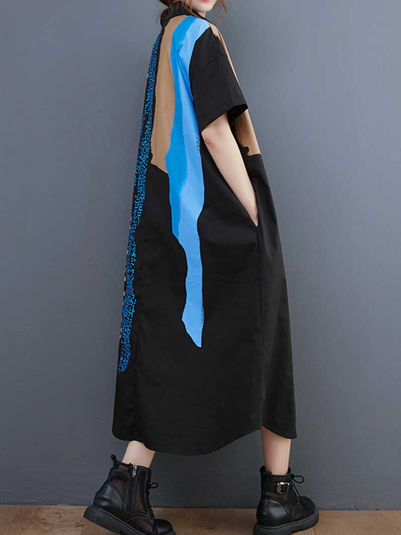 Collared Abstract Print Short Sleeve Shirt Midi Dress 3