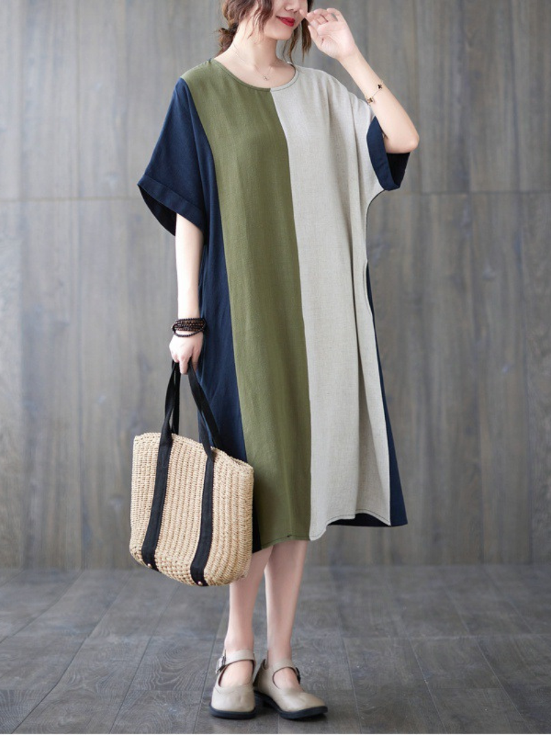 Round Neck Short Sleeve Colorblock Patchwork Cocoon Midi Dress 8