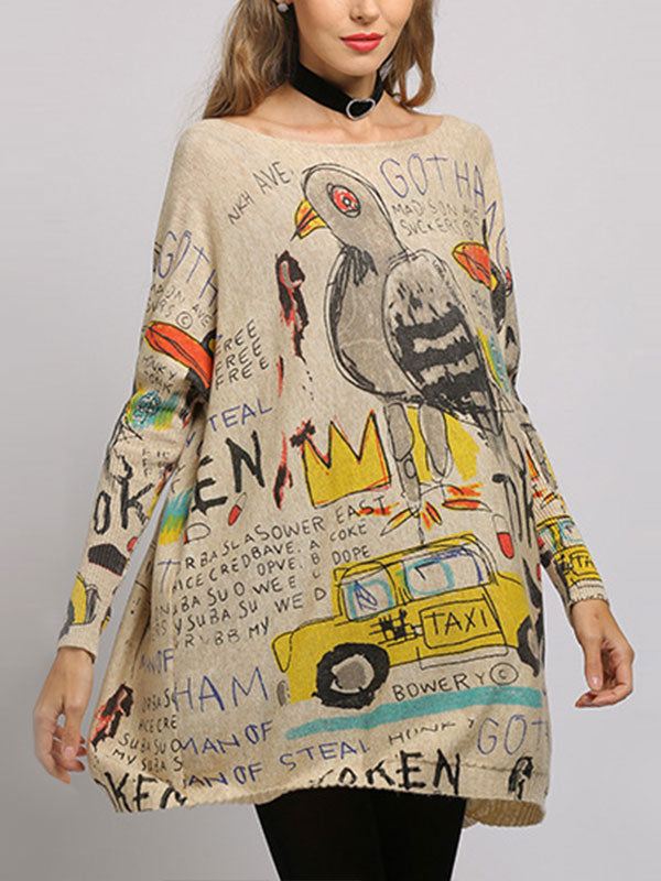 Boat Neck Long Sleeve Graffiti Print Oversized Knit Sweater 10