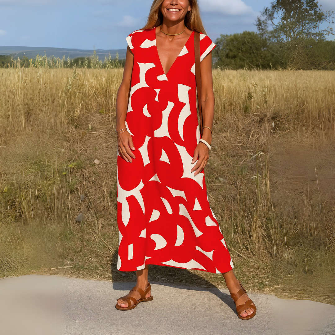 V-Neck Flutter Sleeve Geometric Print A-Line Maxi Dress