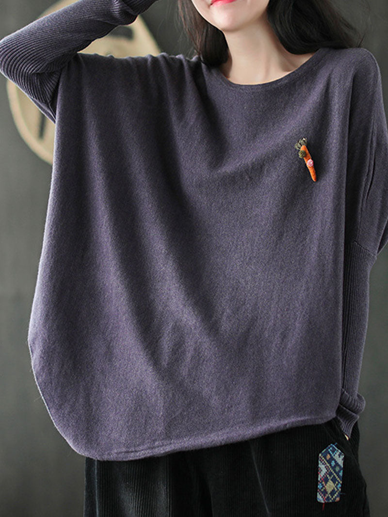 Round Neck Batwing Sleeve Carrot Embroidered Loose Knit Sweater 4