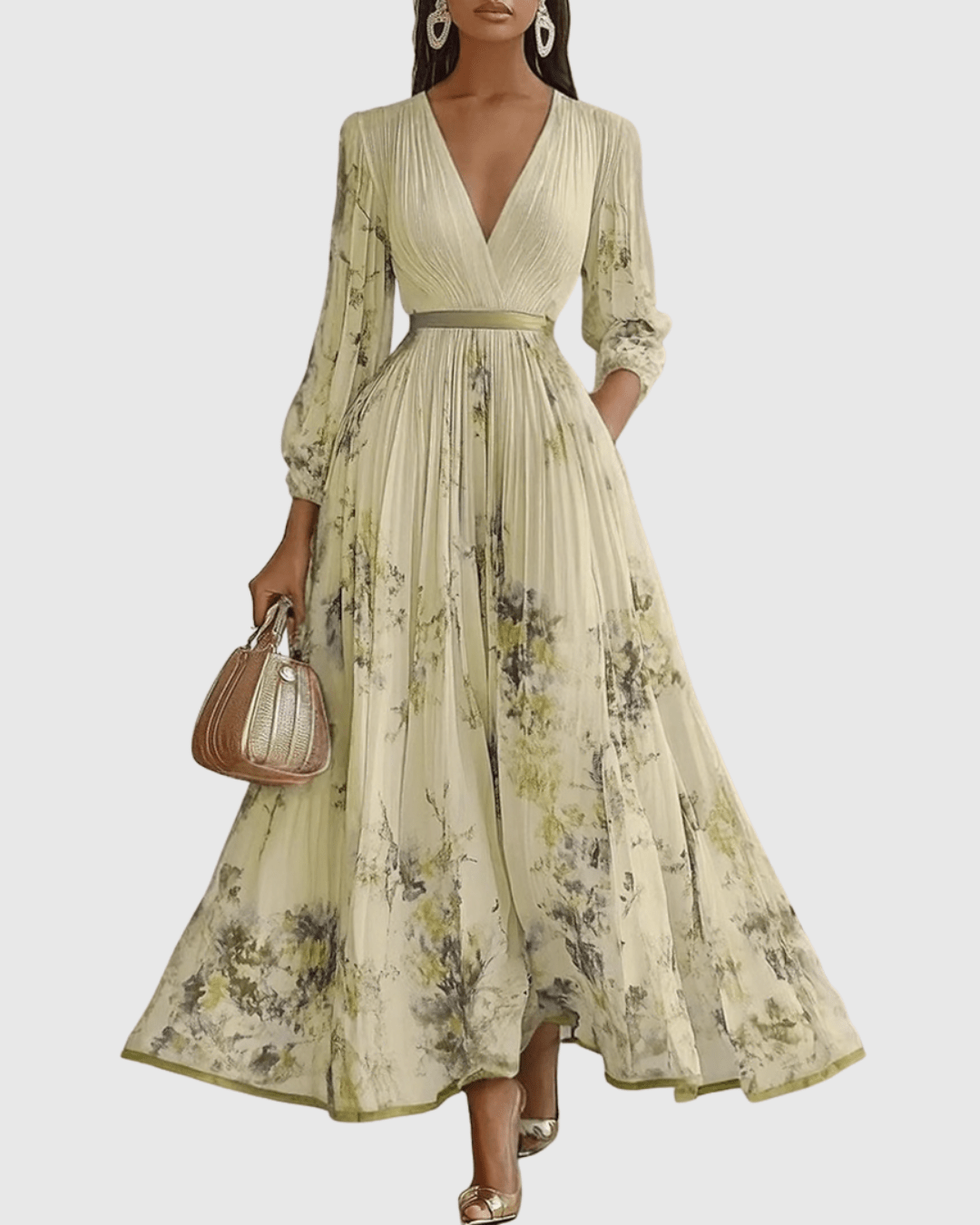 V-Neck Floral Print Sleeveless Pleated A-Line Maxi Dress