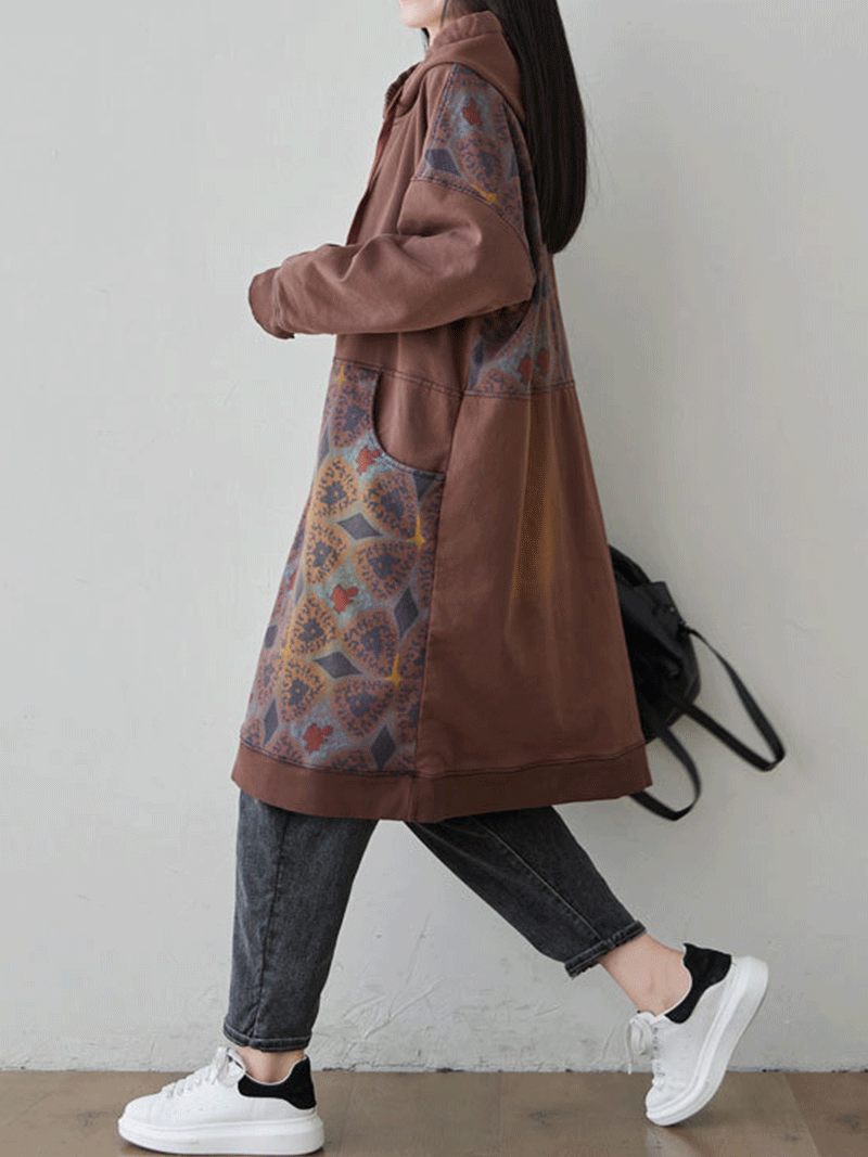 Hooded Drawstring Printed Pocket Sweatshirt Midi Dress 11