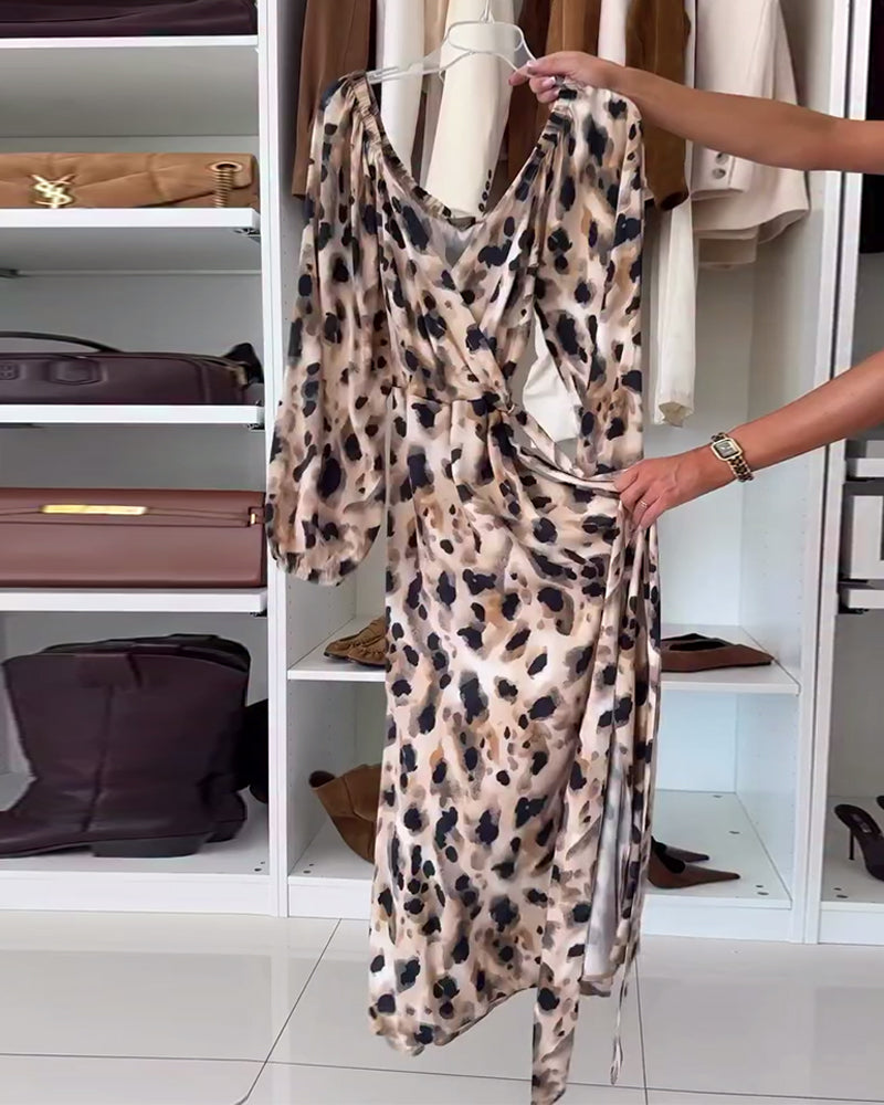 V-Neck Leopard Print Long Sleeve High Slit Wrap Maxi Dress