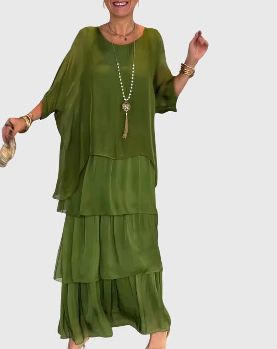 Round Neck Chiffon Batwing Sleeve Layered Tiered Flowy Maxi Dress