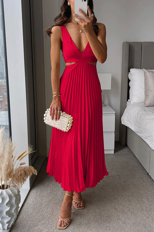 V-Neck Satin Cutout Waist Pleated A-Line Maxi Dress 6