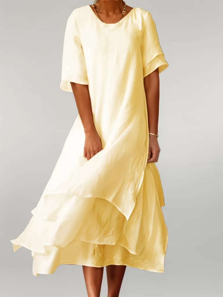 Round Neck Layered Chiffon Short Sleeve Tiered A-Line Midi Dress 2