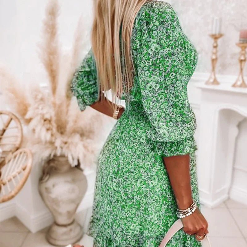 V-Neck Floral Flutter Sleeve Smocked Waist Ruffle Hem Mini Dress