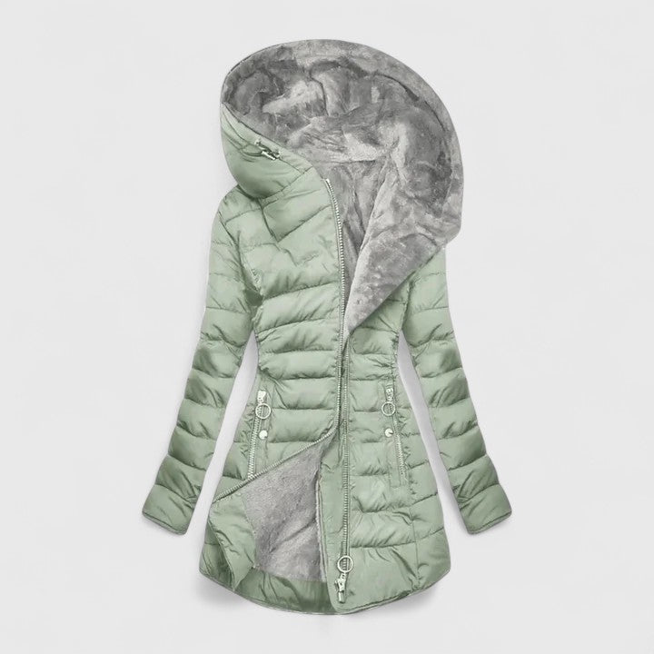 Hooded Fleece Lined Quilted Zip Front Padded Coat