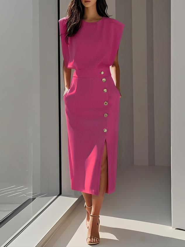 Round Neck Sleeveless Button Slit Sheath Midi Dress