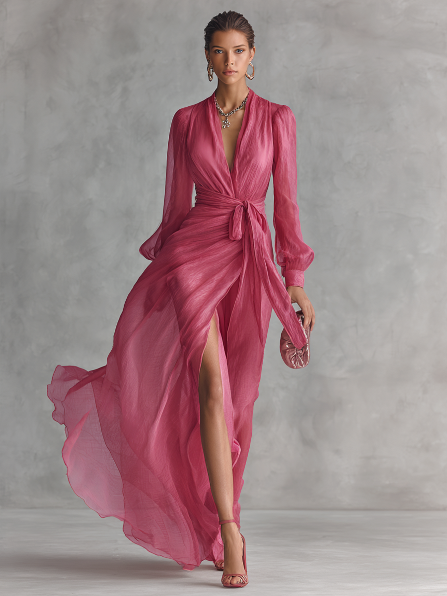 Pink Deep V-Neck Long Sleeve Chiffon Wrap High Slit Maxi Gown 5