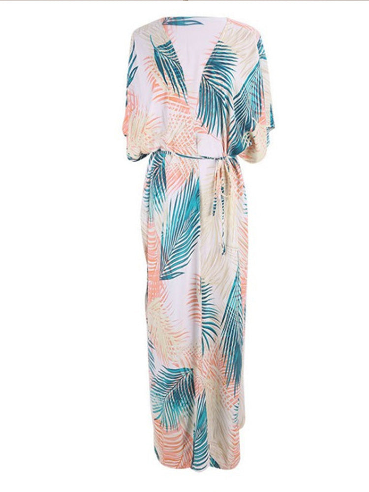 Beige Tie Waist Palm Leaf Print Long Kimono Robe
