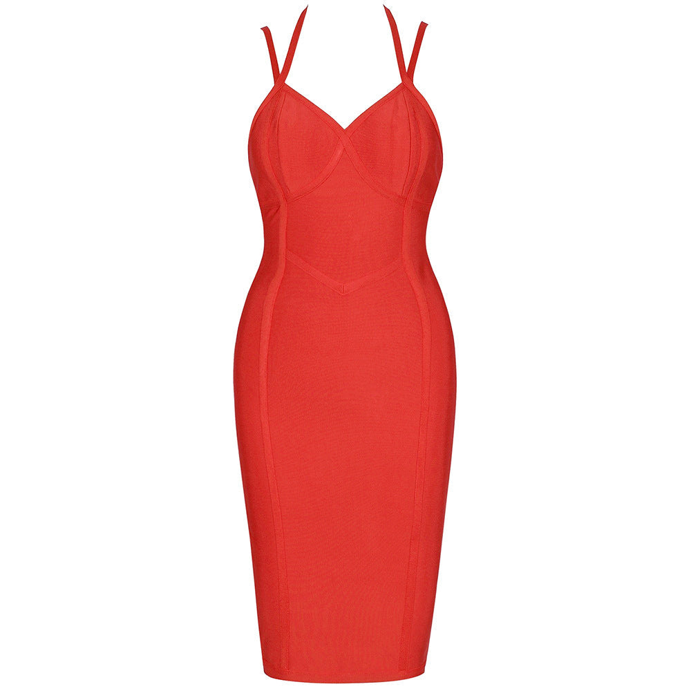 Red V-Neck Double Strap Bandage Bodycon Midi Dress