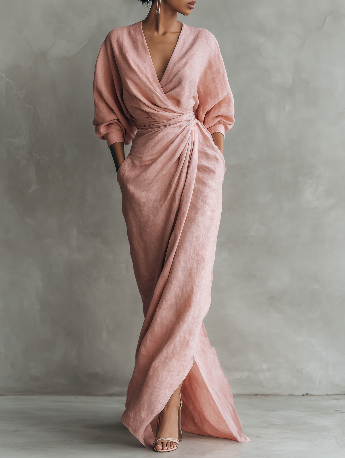 Deep V-Neck Batwing Sleeve Twist Front Draped Linen Maxi Dress