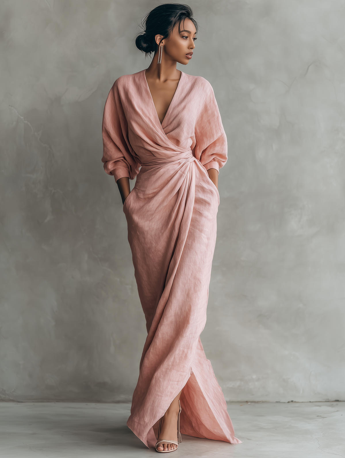 Deep V-Neck Batwing Sleeve Twist Front Draped Linen Maxi Dress 5