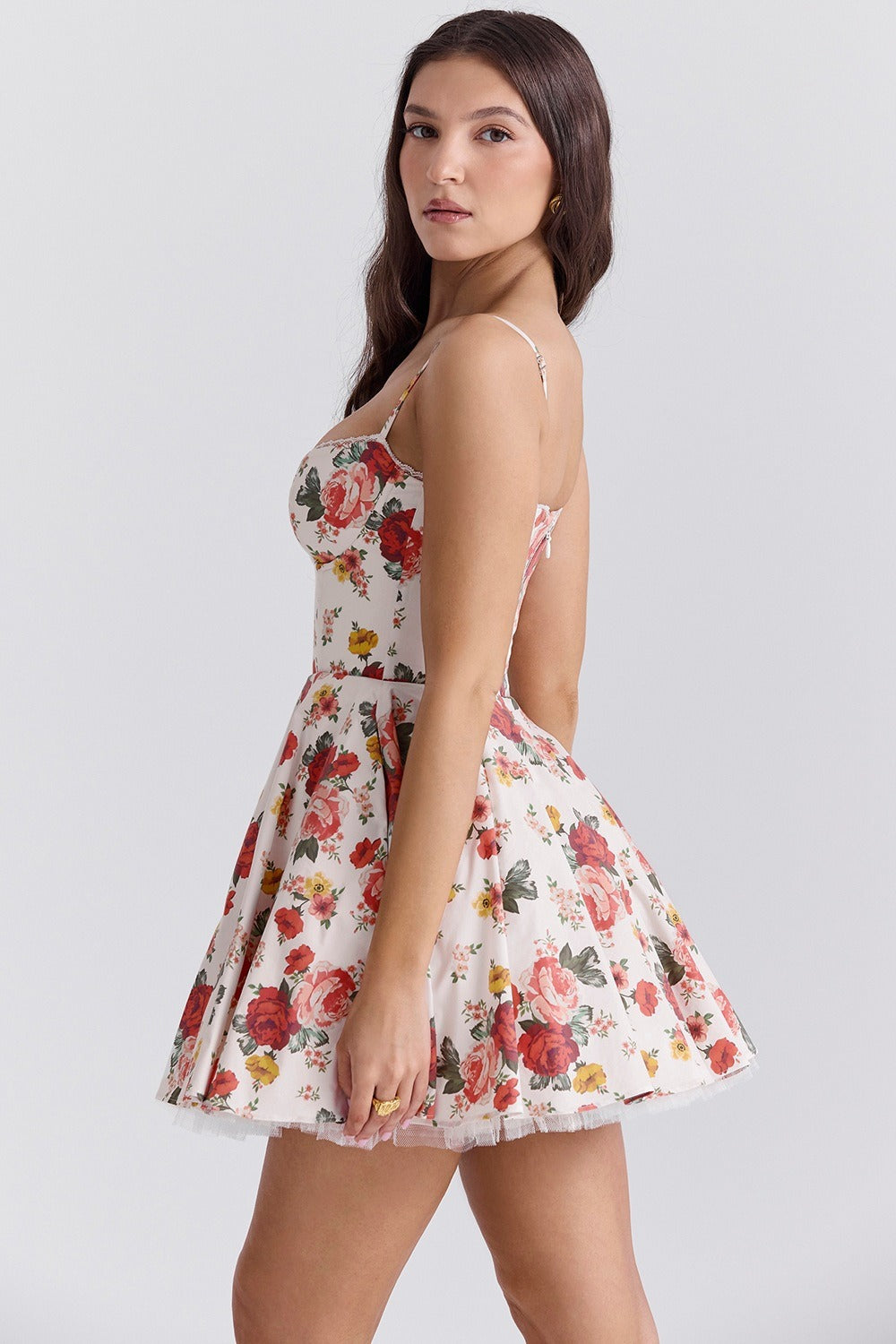 Red Sweetheart Neck Lace Trim Bustier Tulle Underskirt Floral Print Mini Dress 2