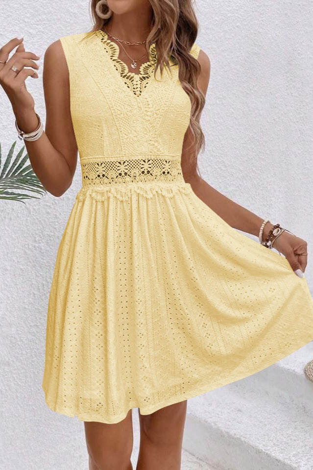 Deep V Neck Crochet Lace Waistband Eyelet Panel A-Line Mini Dress 5
