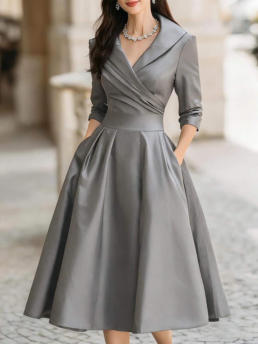 Shawl Collar Surplice Satin Pleated A-Line Midi Dress 5