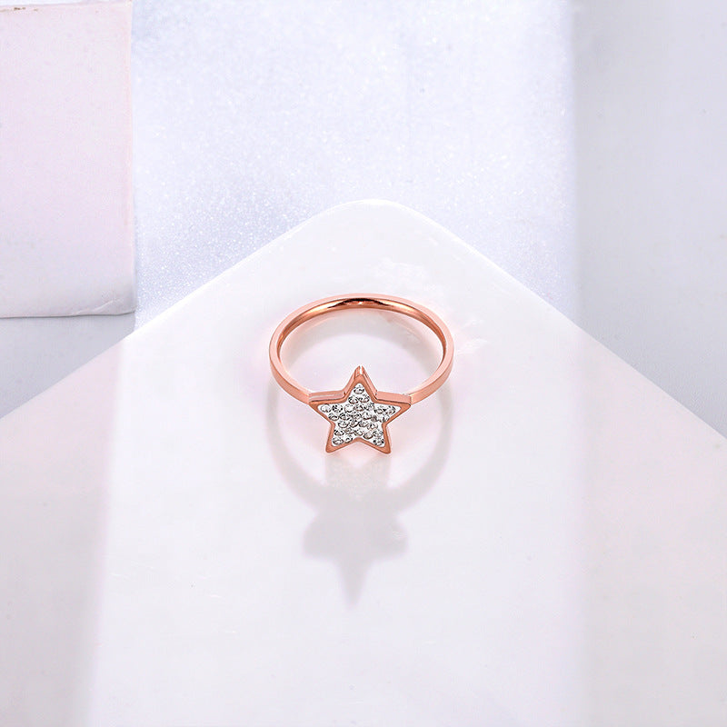 Five-Pointed Star Full Diamond Titanium Steel Ring Rose Gold / 6
