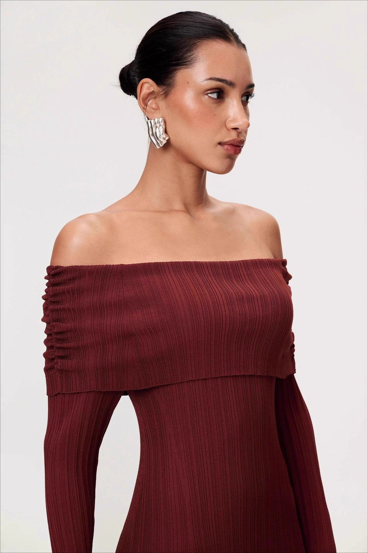 Solid Ruched OffShoulder Knit Bodycon Dress
