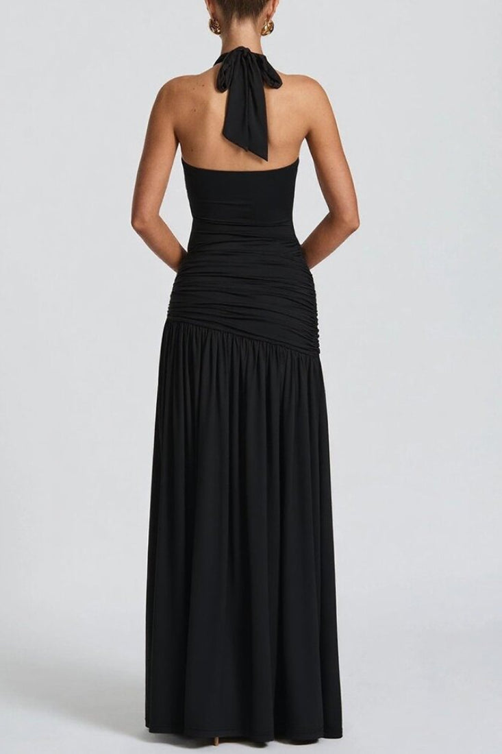 Halter Deep V Neck Seashell Hardware Ruched High Slit Maxi Dress 11