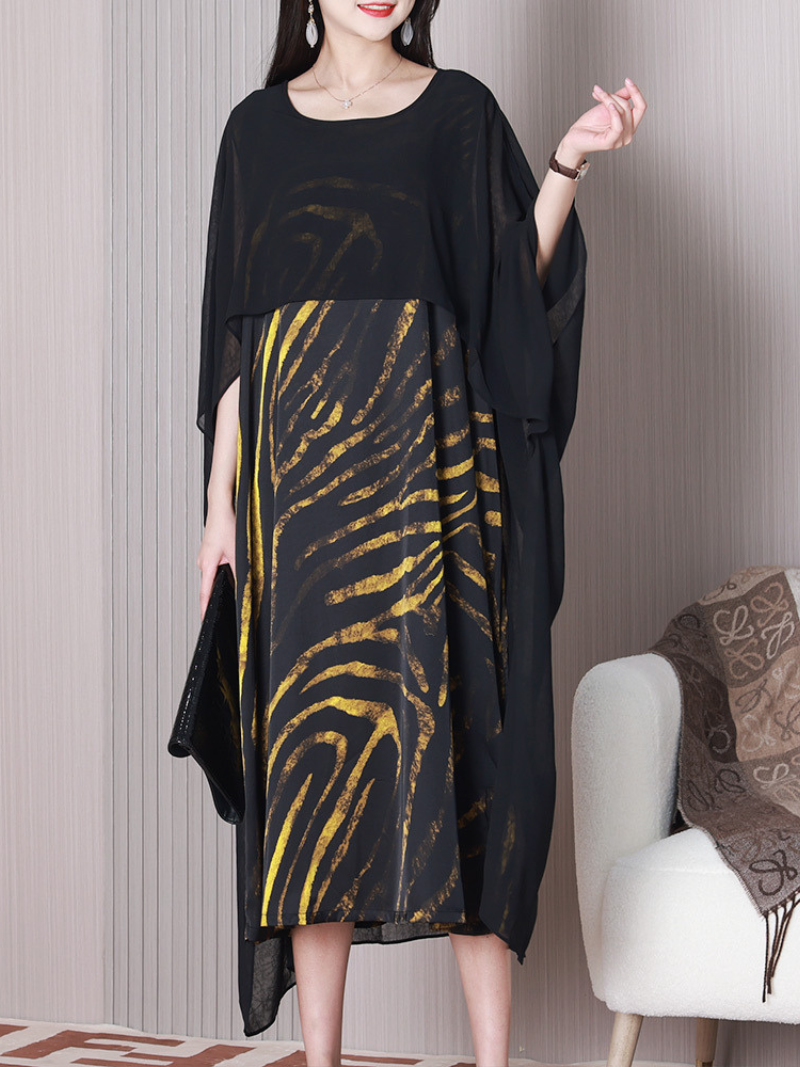 Round Neck Abstract Stripe Print Batwing Sleeve Loose Midi Dress