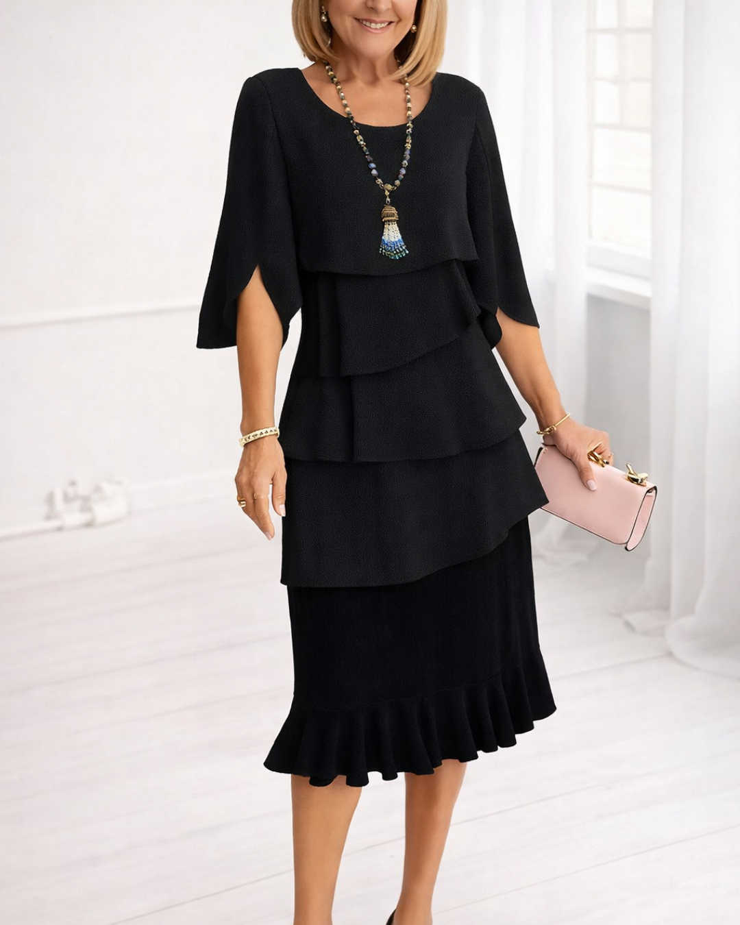 Round Neck Flutter Sleeve Tiered Ruffle Layered Midi Dress 3