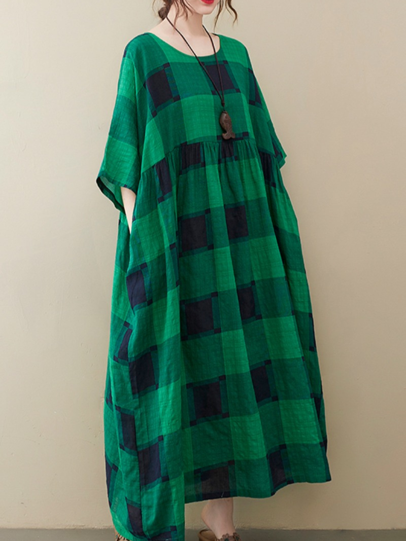 Round Neck Plaid Short Sleeve Smock Loose A-Line Maxi Dress