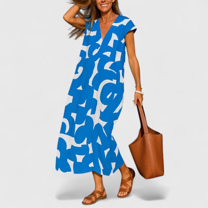 V-Neck Geometric Print Cap Sleeve Relaxed A-Line Midi Dress