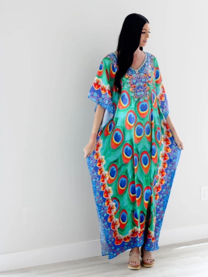 Green V-Neck Peacock Print Embellished Kaftan Maxi Dress