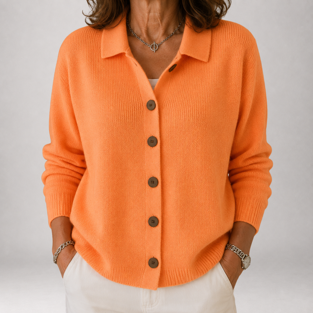 Apricot Polo Collar Button Front Long Sleeve Knit Cardigan