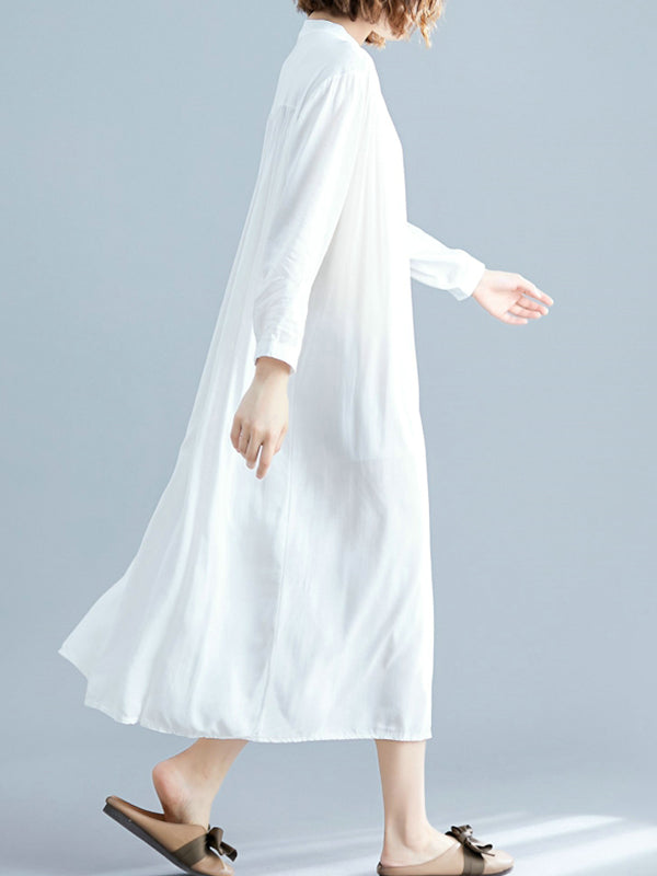 Stand Collar Long Sleeve Button Front Loose Shirt Midi Dress 14