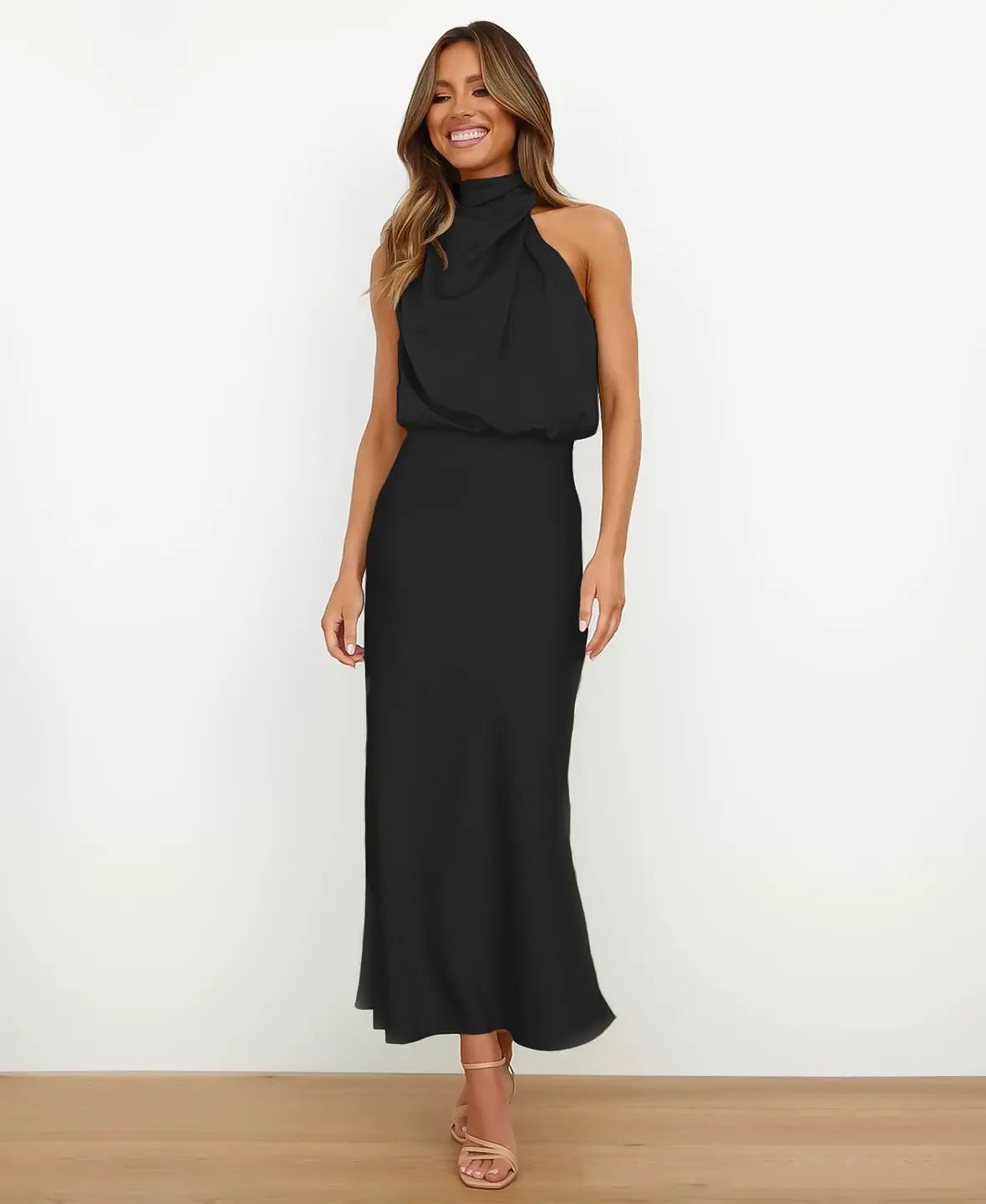 Halter Neck Draped Satin Sleeveless A-Line Maxi Dress 3