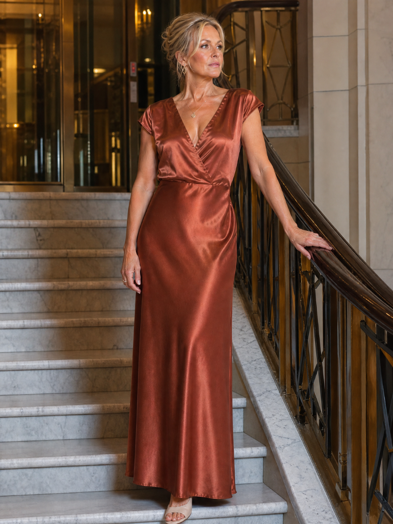 V-Neck Cap Sleeve Satin Wrap Bodice Bias Maxi Gown 7