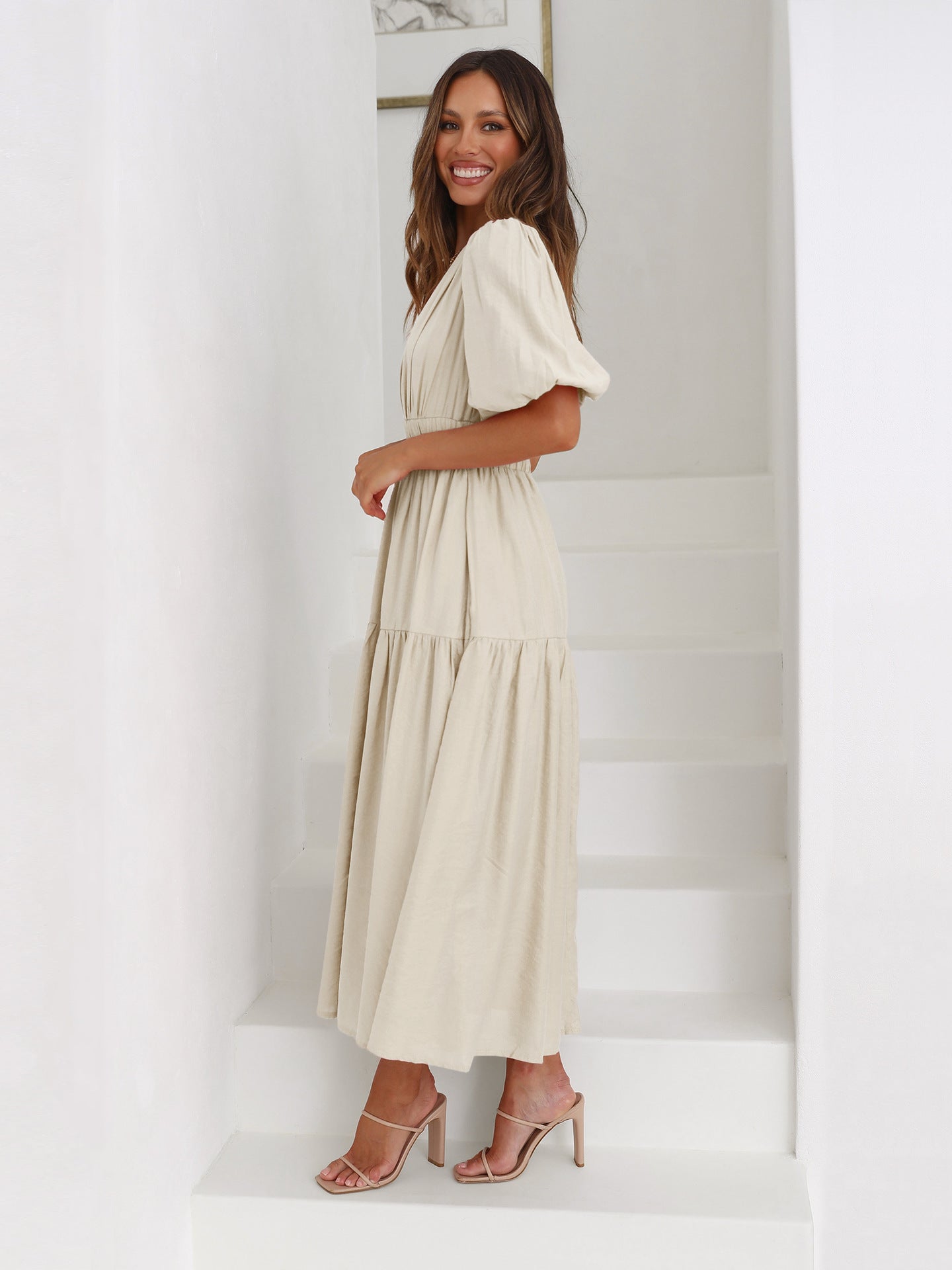 Nancy Chic V Neck Dress with Puff Sleeves Silhouette Collection