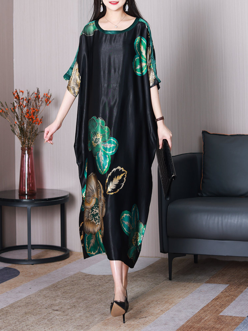 Green Round Neck Satin Floral Print Short Sleeve Loose Maxi Dress 2