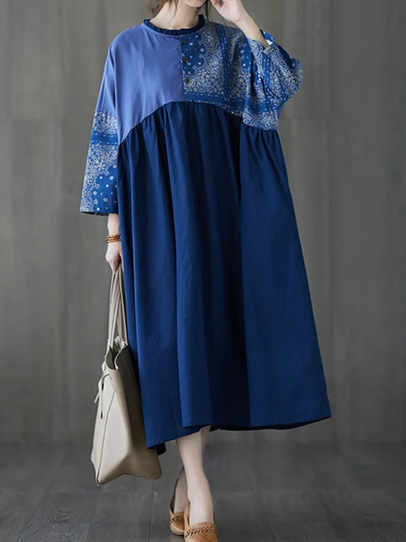 Ruffle Collar Paisley Patchwork Pleated Long Sleeve Smock Maxi Dress