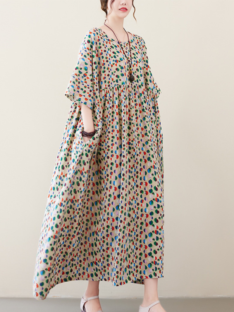 Multicolor Round Neck Polka Dot Half Sleeve Pleated Loose Smock Maxi Dress 3