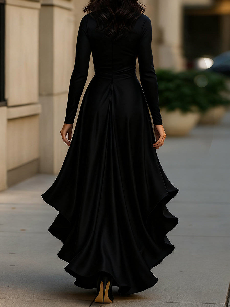 V-Neck Wrap Satin Long Sleeve Ruffle Draped Maxi Dress 6