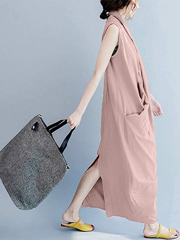 V-Neck Sleeveless Twist Front Draped Loose Cocoon Maxi Dress 11