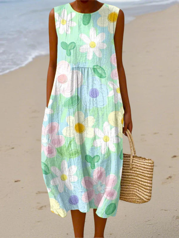 Multicolor Round Neck Painterly Floral Print Sleeveless Pocket Linen Midi Dress