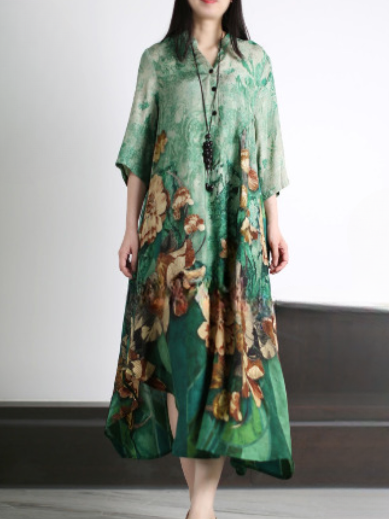 Stand Collar Floral Print Half Sleeve Loose Flowy Maxi Dress 5
