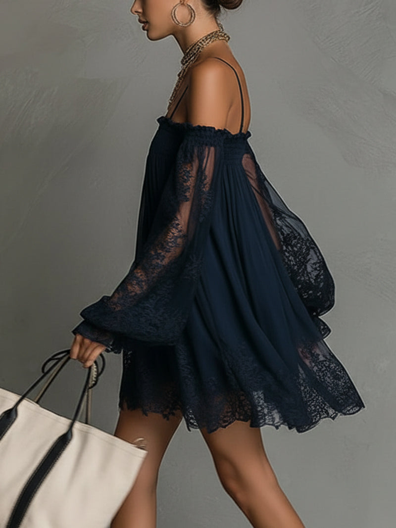 Navy Blue Off-Shoulder Smocked Lace Long Sleeve Flowy Babydoll Mini Dress 4
