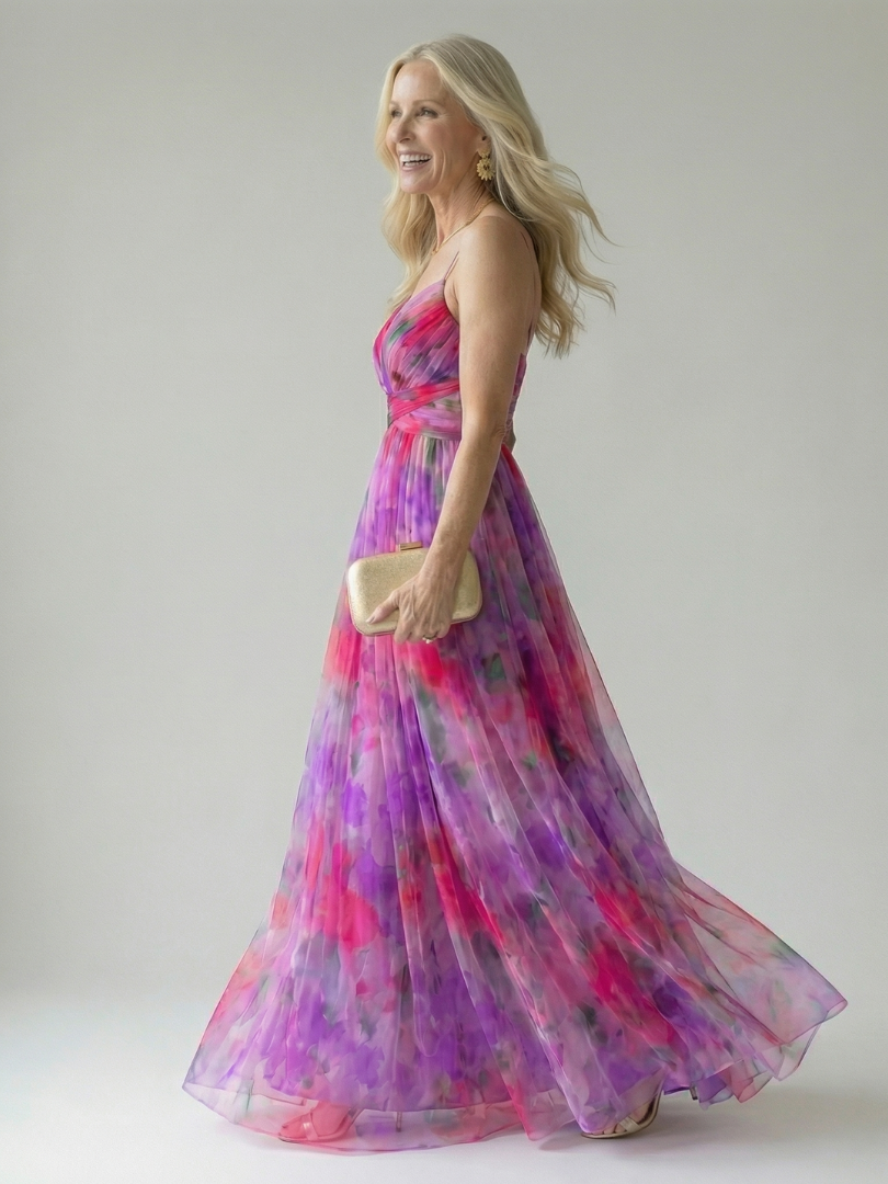 Spaghetti Strap V-Neck Floral Print Pleated Tulle Maxi Gown 9