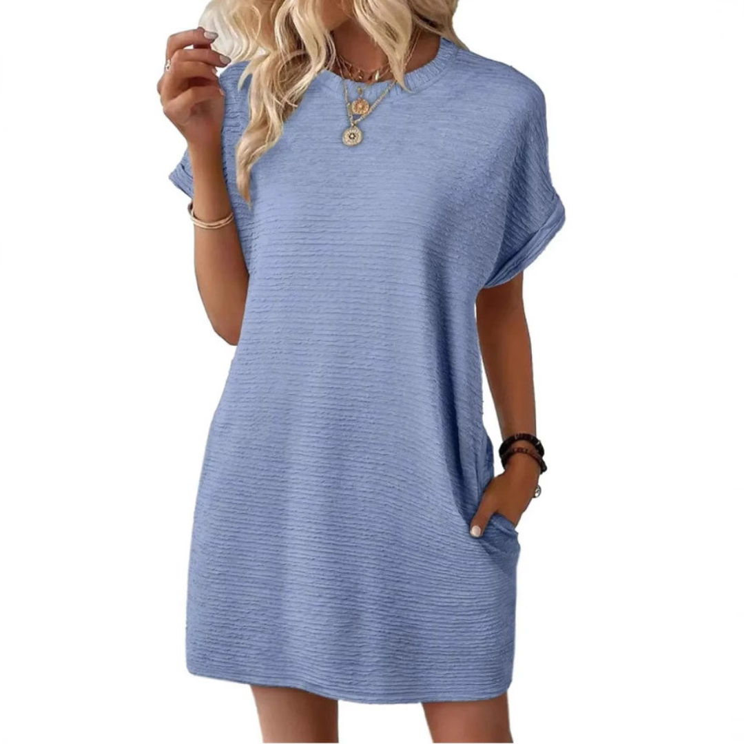 Crew Neck Cuffed Short Sleeve Textured Shift Mini Dress